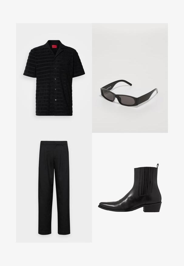 Juodas trumpomis rankovėmis marškiniai su tekstūruota medžiaga, apatinėse dalyse turintys subtilią dryžuotą raštą, priekinė kišenė ir raudona prekės ženklo etiketė.; Juodi kelnių modeliai, pagaminti iš lygios medžiagos, turi tiesią kojas, du priekiniai klostės ir standartinę juosmenį su diržo kilpomis.; Juodas odinis kulkšninis botas su smailiu pirštu, elastingomis šoninėmis dalimis, vertikaliu siuvinėjimu ir žemu stačiakampiu kulnu.; Juodi stačiakampiai saulės akiniai su tamsiais lęšiais, lygia plastiko rėmo konstrukcija ir subtiliu logotipu kairėje šakėje. Minimalistinis dizainas.