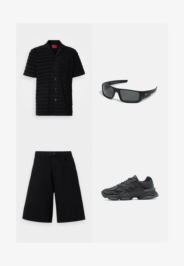 Svart kortermet skjorte med teksturert stoff, med et subtilt stripemønster, brystlomme og merketikett i rødt.; Svarte denimshorts med avslappet passform, med klassisk fem-lommers design og knappeåpning, glatt tekstur og rett benklipp.; Svart løpesko med en blanding av mesh og syntetiske materialer, chunky såle, buet design og fremtredende merkevare på siden.; Sorte solbriller med rektangulær ramme, mørkegrå linser og glatt plastoverflate. Merkbar logoaccent på siden.