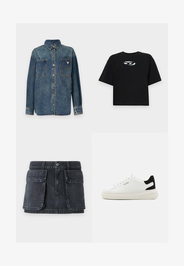 Jeanite jakk, millel on nupuga esitaskud, kaks rinnaäpardust ja terav krae. Omab pleekinud sinist värvi ja metallist nuppe.; Must must t-särk, millel on lühike disain, lühikesed varrukad ja ümmargune kaelus. Ees on kontrastne ovaalne logo.; Must mustri seelik, millel on vormitud vöökoht, nööbid, kaks suuri esikot ja kontrastne õmblusdetail.; Valged nahast tennisetossud paksu valge tallaga, musta sametist kontsakeeuga ja külje peal riigilogo reljeefne kujundus. Lukkeskeem kuue silmaauguga.