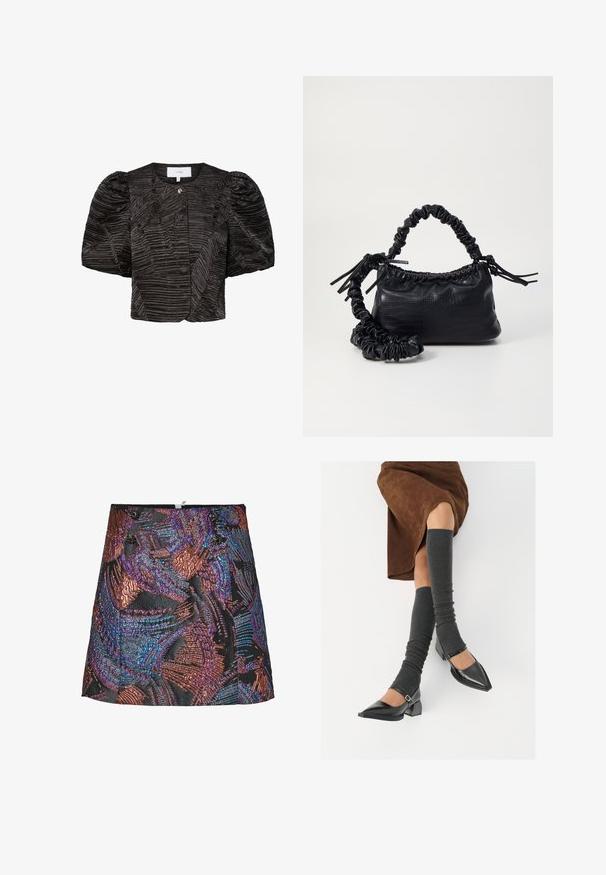 Casaco preto curto com mangas bufantes, apresentando um design texturizado e plissado. Fecho com pequeno detalhe metálico, acabamento em tecido liso.; Mini saia metálica com um padrão texturizado em tons vibrantes de roxo e bronze, apresentando uma base preta e botões decorativos na cintura.; Sapatos pretos de pele lacada com biqueira pontuda, salto bloco e tiras no tornozelo, combinados com caneleiras cinzas em malha e uma saia de camurça castanha.; Bolsa de mão em couro sintético preto com textura de crocodilo, topo franzido e alça enrugada. Apresenta um design suave e compacto.