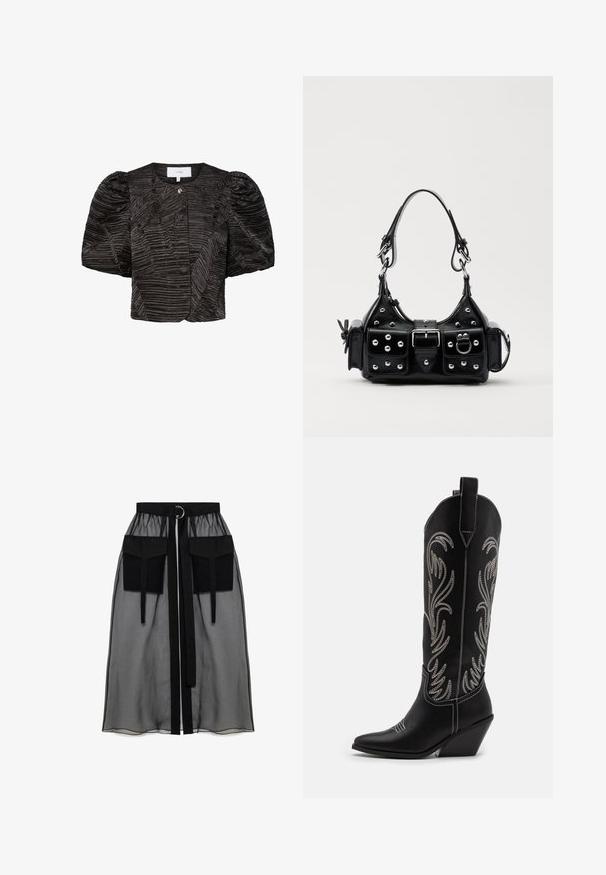 Jachetă neagră scurtă cu mâneci bufante, având un design texturat și plisat. Închidere cu un mic accent metalic, finisaj neted al țesăturii.; Fustă neagră transparentă cu un talie plisată, având două buzunare mari în față, un cordon pentru talie și un accent metalic circular.; Bocanci de cowboy din piele neagră, cu vârfuri ascuțite, toc wedge și modele florale brodate cu fir argintiu de-a lungul tijei. Cusături în contrast pe întreaga suprafață.; Geantă de piele neagră cu un design curbat, dotată cu studuri argintii, o cataramă și două buzunare laterale. Curea ajustabilă pentru opțiuni de transport.