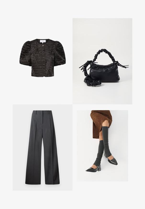 Černá krátká bunda s nafouklými rukávy, s texturovaným, skladovaným vzorem. Zapínání s malým kovovým detailem, hladký povrch látky.; Široké kalhoty z tmavě šedé látky, s vysokým pasem, jedním skladem a hladkou texturou s čistým zakončením na lemech.; Černé lakované boty s špičatou špičkou, blokovým podpatkem a kotníkovým páskem, spárované s šedými žebrovanými návleky na nohy a hnědskou sukní z semiše.; Černá kabelka z umělé kůže s krokodýlím vzorem, staženým vrškem a zmačkaným popruhem. Zdá se, že má měkký a kompaktní design.