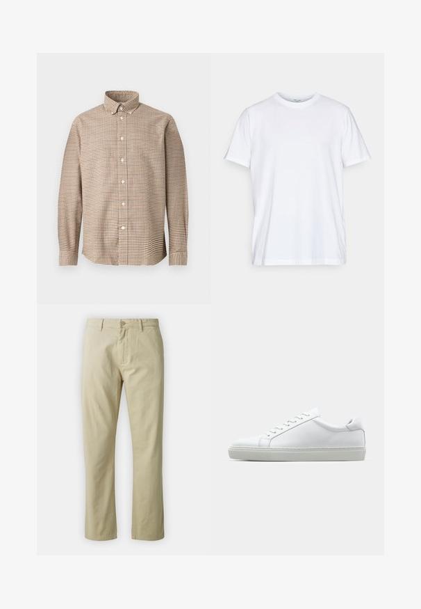 Beige og brun rutete langermet skjorte med krage og knepp, vist på en ensfarget bakgrunn, frontvinkel.; Hvit bomulls t-skjorte med korte ermer, rund hals og avslappet passform. Har et minimalistisk design, uten mønstre eller detaljer.; Beige bomullsbukser med rett ben-design, frontlukking med knapp og beltehemper. Jevn tekstur, ingen synlige mønstre eller detaljer.; Hvit sneakers med en glatt skinnoverdel og lav profil. Har en rund tå, seks snøring hull, og en teksturert gummisåle.