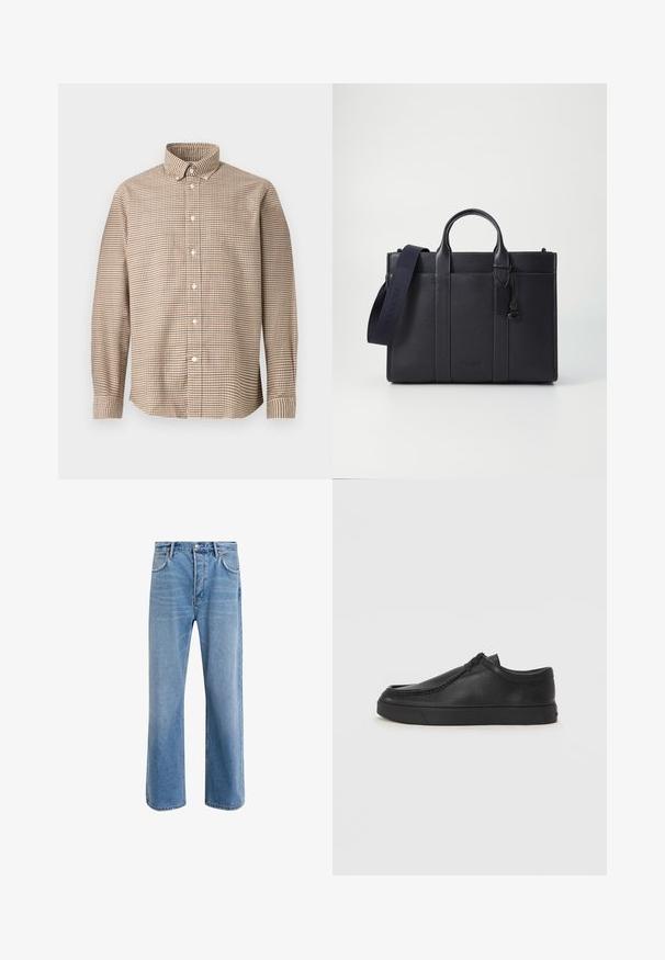 Beżowa i brązowa koszula z długim rękawem w kratę z guziczkami przy kołnierzy, wyeksponowana na jednolitym tle, widok z przodu.; Jasnoniebieskie dżinsy o prostym kroju, pięć kieszeni, zapięcie na guzik, minimalne blaknięcia i kontrastowe wykończenia szwów.; Czarne skórzane buty wsuwane z okrągłym noskiem, przeszyciami i czarną gumową podeszwą. Gładka faktura z minimalistycznym wzornictwem.; Ciemnogranatowa skórzana teczka z podwójnymi rączkami u góry i odpinanym paskiem. Posiada teksturowane wykończenie, pionowe przeszycia oraz detal z logo.