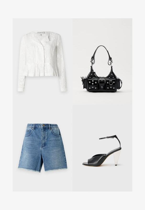 White blouse with long sleeves, floral embroidery, a peplum hem, and a buttoned front. Made from lightweight fabric with a textured finish.; Denim shorts in light blue, featuring a high waist, button closure, front pockets, and frayed hemline for a relaxed fit.; Black leather high heel sandal with open toe, asymmetrical design, ankle strap, and a metallic cone-shaped heel. Smooth texture throughout.; Black leather handbag with a curved design, featuring silver studs, a buckle, and two side pockets. Adjustable strap for carrying options.