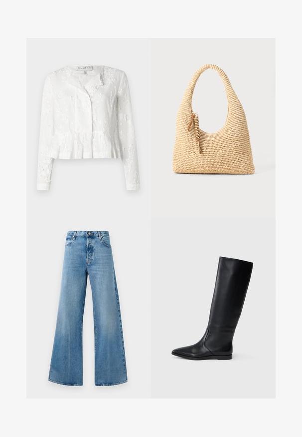 Blusa branca com mangas longas, bordado floral, bainha peplum e frente abotoada. Feita de um tecido leve com um acabamento texturizado.; Jeans em denim azul claro de perna larga com uma cintura alta, apresentando bolsos frontais, fecho de botão e discretos detalhes de desbotamento.; Bota preta de couro até ao joelho com bico fino e design minimalista. Textura suave e sola plana, apresentando discretos detalhes de costura lateral.; Bolsa bege trançada com uma alça curva, superfície texturizada e detalhe de franjas castanhas. Apresenta um formato descontraído e estilo hobo.