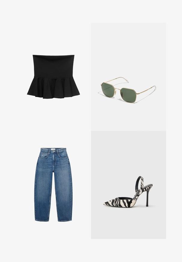 Čierny peplum top so priliehajúcim telom a rozšíreným lemom. Vyrobený z elastického materiálu, má hladkú textúru a žiadne ozdoby.; Modré džínsy s vysokým pásom a rovnými nohavicami, ktoré majú päť vreciek, pútka na opasok a jemné vyblednutie pre dodatočnú textúru.; Lodičky s špičatou špičkou a otvorenou pätou v čierno-krémovom zebrovom vzore, s tenkým vysokým podpätkom a čiernym interiérom.; Slnečné okuliare v zlatej rámčeku so zelenými šošovkami, s osemuholníkovým tvarom, tenkými stranicami a priehľadnými koncami. Minimalistický dizajn a hardvérové akcenty.