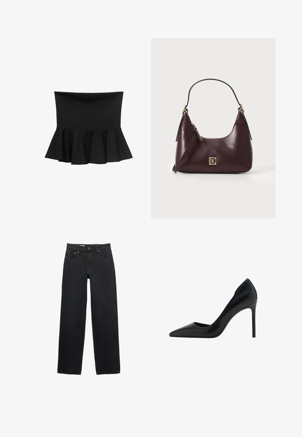 Black peplum top with a fitted bodice and flared hem. Made of stretch fabric, features a smooth texture and no embellishments.; Black wide-leg jeans made from denim, featuring five pockets, a button closure, subtle stitching, and a straight cut from waist to hem.; Mango High heels - black; Burgundy leather handbag with a curved shape, gold accents on the hardware, and a zippered closure. Features a detachable shoulder strap.