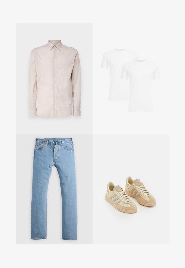 Gai bežs garām piedurknēm ar pogām augšējā krekla, ar teksturētu rakstu, iekļaujot apkakli un atbilstošus pogu detalizējumus gar priekšpusi.; Divas baltas kokvilnas t-kreklus ar īsām piedurknēm un apaļu kakla izgriezumu, ar gludu tekstūru un vienkāršu dizainu, novietoti vertikālā kārtībā.; Gaiši zili taisna piegriezuma džinsi ar poga aizdari, jostas cilpām un priekšējiem un aizmugurējiem kabatām, izlikti uz baltas fona.; Gai beige sporta apavi ar zamšādu un auduma materiāliem, ar trim pelēkām svītrām, teksturētiem akcentiem un brūnu gumijas zoli. Šņores ir baltas.