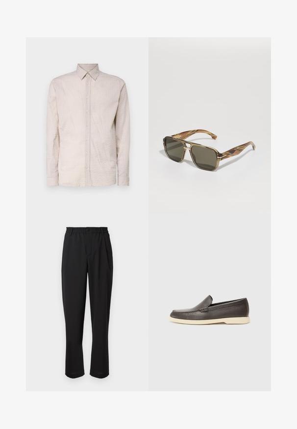 Camicia a maniche lunghe color beige chiaro, con un motivo testurizzato, dotata di colletto e dettagli in bottone coordinati lungo tutta la parte anteriore.; Pantaloni neri con vita elasticizzata, chiusura con bottone e design a gamba dritta. Tessuto liscio, senza motivi visibili o dettagli.; Scarpe slip-on in pelle marrone con superficie texturizzata e suola beige chiaro a contrasto, caratterizzate da una punta arrotondata e dettagli di cucitura minimi.; BOSS Occhiali da sole - brown