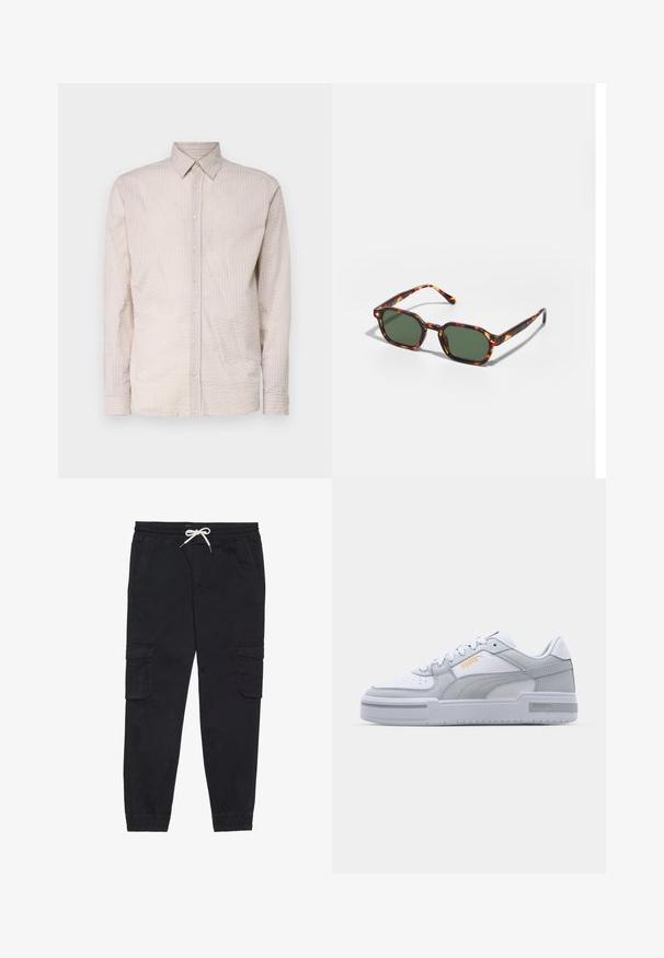Vaaleanbeige pitkähihainen nappikauluspaita, jossa on tekstuuri, kaulus ja vastaavat napit edessä.; Mustat cargo-housut, jotka on valmistettu puuvillasta ja joissa on elastinen vyötärönauha kiristysnyörillä, sivutaskut ja kapenevat lahkeet.; Harmaat ja valkoiset lenkkarit, joissa on sileä nahkapinta, rei'itetty varvastoppa, nauhakiinnitys, teksturoituja yksityiskohtia ja hillitty kultainen logo.; Kilpikonnakuosiset aurinkolasit vihreillä linsseillä, joissa on oktaalinen muoto ja kapeat, kaarevat varret. Materiaalissa on kiiltävä pinta.