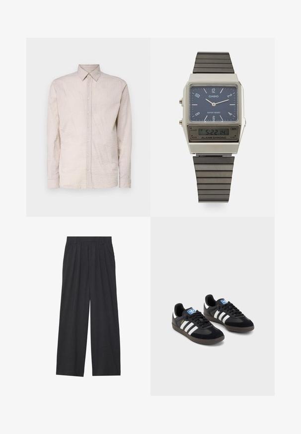 Helle beige Langarm-Bluse mit Knöpfen und strukturiertem Muster, ausgestattet mit einem Kragen und passenden Knopfdetails auf der Vorderseite.; Weit geschnittene Hosen aus dunkelgrauem Stoff. Merkmale sind Falten an der Taille, ein maßgeschneiderter Schnitt und eine gerade Silhouette.; Schwarze Sneaker mit einem Obermaterial aus Wildleder und Synthetik, ausgestattet mit drei weißen Streifen, einer strukturierten Gummi-Sohle und einem blauen Logo-Tag auf der Zunge.; Casio Digitaluhr mit blauem Zifferblatt, silbernem Gehäuse und geschichtetem schwarzen Gummiband. Zeigt Uhrzeit und Alarm Einstellungen an. Wasserdicht.