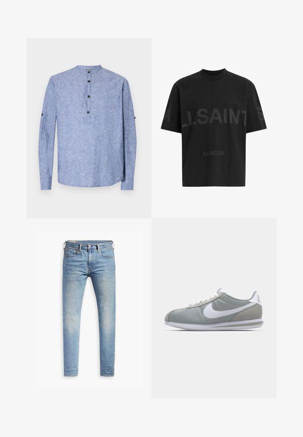 Camisa de mangas longas azul-claro com decote redondo, apresentando uma pala com três botões pretos e punhos abotoados. Textura de tecido suave.; T-shirt oversized preta com texto em cinza escuro "ALLSAINTS" ao longo do peito e "LONDRES" em letras menores abaixo.; Jeans slim fit em azul claro com leve desbotamento nas coxas, fecho frontal por botão, passantes para cinto e estilo de cinco bolsos sobre um fundo branco.; Sapatilha atlética cinza com um cabedal em camurça e têxtil, símbolo Nike branco e atacadores brancos. Apresenta uma sola de borracha texturizada e colarinho acolchoado.