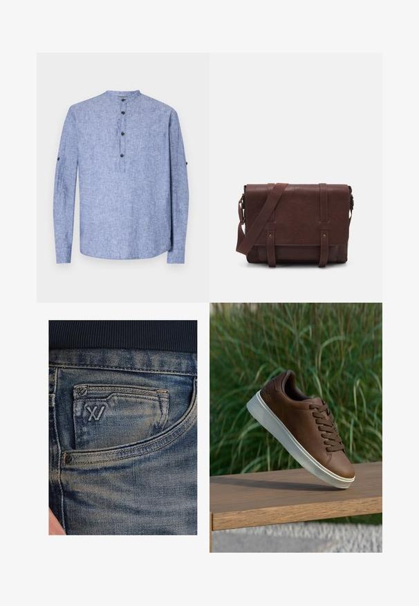 Camicia a maniche lunghe blu chiaro con scollatura tonda, dotata di una patta con tre bottoni neri e polsini con bottone. Tessuto dalla texture liscia.; Jeans di denim blu con una trama sbiadita, dotati di una tasca portamonete e un accento di logo nero sulla parte anteriore. La vita è in tessuto a coste blu scuro.; Sneaker in pelle marrone con suola in gomma bianca, punta arrotondata e lacci marroni. Grip testurizzato sulla suola e finitura liscia sulla parte superiore.; Borsa a tracolla in pelle marrone con un davanti piatto, due cinghie, dettagli in metallo dorato e una tracolla regolabile.