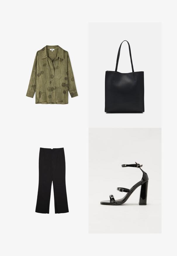 Olive green button-up shirt with a collared neckline, long sleeves, and floral patterns. Made of lightweight, textured fabric with a relaxed fit.; Black trousers with a straight fit, featuring front pockets and side slits at the hem. Made of soft, smooth fabric. Suitable for various occasions.; Black patent heeled sandals with a square toe, ankle straps, and silver buckles. Features a chunky block heel for stability.; Black leather tote bag with smooth texture, rectangular shape, and two long handles. No visible hardware or embellishments.