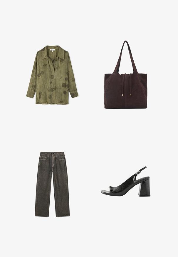 Oliwkowa koszula zapinana na guziki z kołnierzykiem, długimi rękawami i wzorami kwiatowymi. Wykonana z lekkiej, teksturowanej tkaniny o luźnym kroju.; Ciemnoszare dżinsy o szerokim kroju, wykonane z denimu, z klasycznym pięciopocketowym designem, mocnym przeszyciem oraz zamek błyskawiczny z zapięciem na guzik.; Next - Sandały; Mango - Torba na zakupy