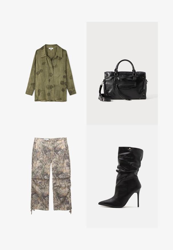 Olivgrünes Hemd mit Knopfleiste, Kragen, langen Ärmeln und floralen Mustern. Hergestellt aus leichtem, strukturiertem Stoff mit lässiger Passform.; Tarnmuster-Hosen aus einem leichten Stoff, mit elastischem Bund, seitlichen Taschen und verstellbaren Kordelzügen an den Knöcheln.; Even&Odd Wide Fit High Heel Stiefelette - black; Schwarze Lederhandtasche mit zwei kurzen Griffen und einem abnehmbaren Schultergurt. Verfügt über eine Fronttasche mit Reißverschluss und metallene Akzente. Texturierte Oberfläche.