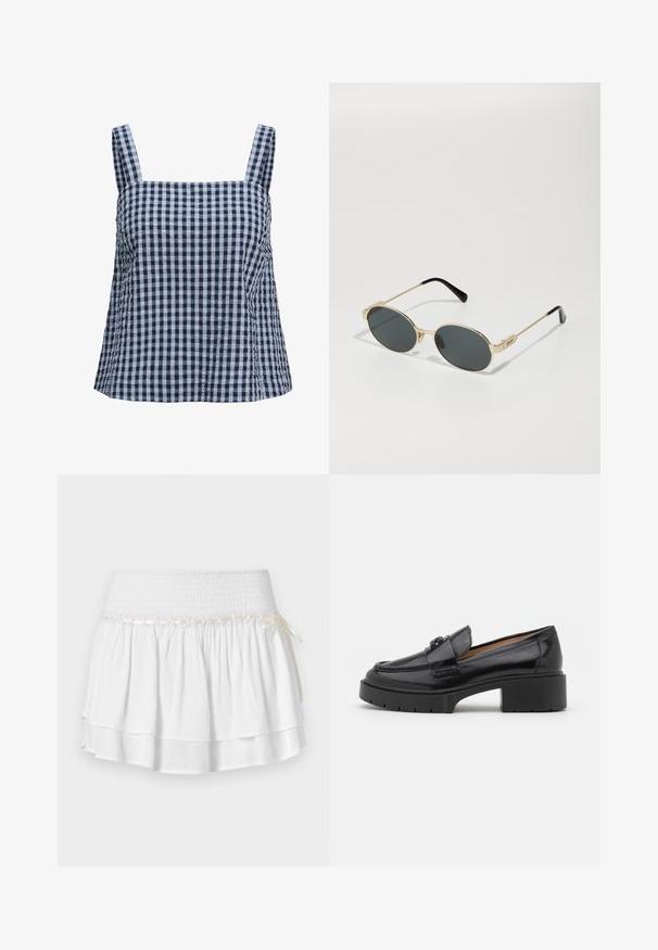 Námořnická a světle modrá kostkovaná bavlněná tílko se čtvercovým výstřihem a širokými ramínky, která má boční nařasení a volný střih.; Bílá skládaná sukně s elastickým pasem, s texturovaným smockingem a dekorativním stužkovým detailem. Bavlněná tkanina.; Černé kožené mokasíny s nízkým blokovým podpatkem, zaoblenou špičkou, dekoračním páskem a texturovaným prošíváním na svršku. Hladký povrch.; Zlaté sluneční brýle s oválnými skly a tmavými skly. Černé acetátové konce na nožičkách. Jméno značky "QUAY" na boku.; Hnědá semišová taška přes rameno s zakřiveným tvarem a jedním popruhem, s diskrétním logem na přední straně. Pozadí je čistě bílé.; Náhrdelník z růžového zlata s přívěskem labutě, zdobeným jasnými krystaly. Řetízek má jemný design článků.