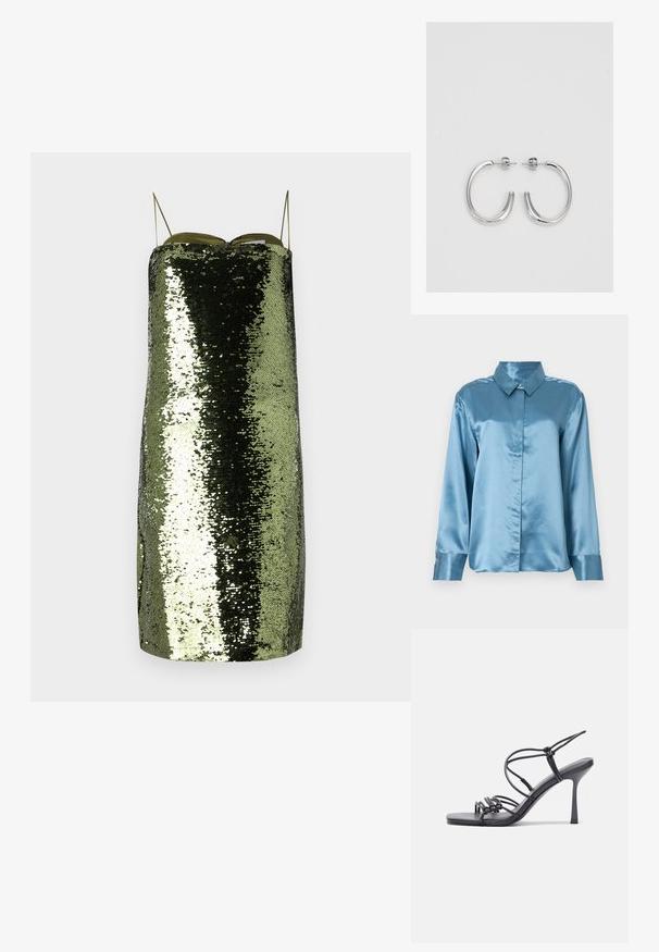 Šviesiai mėlynas satino marškinis su apykakle ir mygtukų uždarymu. Ilgos rankovės su mygtukais, tuo pačiu metu lygus tekstūra. Minimalistinis dizainas.; Žalia blizgi suknelė tiesiu kirpimu, plonomis reguliuojamomis petnešėlėmis, pasižyminti atspindinčia tekstūra ir liekna siluetu.; Juodos aukštakulnės sandalai pasižymi plonyčiais dirželiais su mazgo dizainu, lygiu kvadratiniu pirštu ir elegantišku stiletto kulnu.; Šviesiai pilka metalinė rankinė su grandinėlės dirželiu, papuošta mažais apvaliais metaliniais smeigėmis ir trikampiu prekės ženklu.; Sidabriniai lankelio formos auskarai su lygiu, blizgiu paviršiumi, išlenktos formos ir su užsegimu. Minimalistinio dizaino su moderniu apdaila.