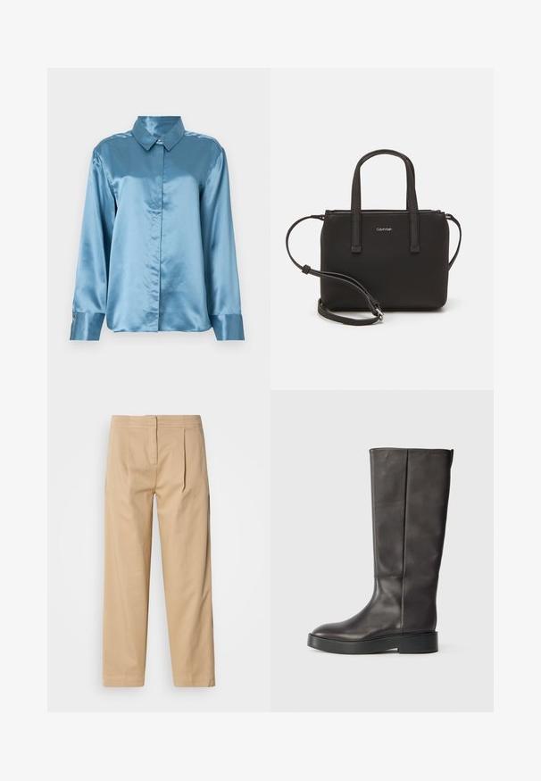 Šviesiai mėlynas satino marškinis su apykakle ir mygtukų uždarymu. Ilgos rankovės su mygtukais, tuo pačiu metu lygus tekstūra. Minimalistinis dizainas.; Šviesiai rudos spalvos medvilninės kelnės su laisvu siluetu, turinčios dvi priekinės raukšles, tiesią kojelę ir klasikinį mygtuko užsegimą juosmens srityje.; Juodos odinės iki kelių botai su storu padu ir subtiliu Calvin Klein logotipu viršuje, matomi iš šono.; Juoda rankinė su dviem trumpais rankenėlėmis ir nuimamu petį. Lygaus odos tipo medžiaga su užtrauktuku ir logotipo detale.