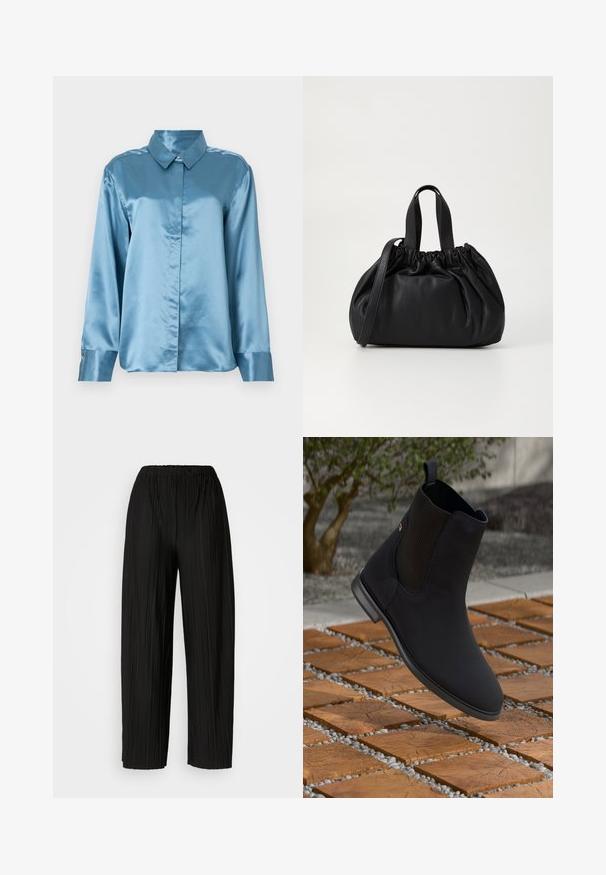 Šviesiai mėlynas satino marškinis su apykakle ir mygtukų uždarymu. Ilgos rankovės su mygtukais, tuo pačiu metu lygus tekstūra. Minimalistinis dizainas.; Juodos plisuotos plačios kojos kelnės su elastine juostos. Medžiaga pasižymi vertikaliomis plokštelėmis ir lygiu paviršiumi.; Juodi kulkšniniai batai su elastingais šonų įdėklais, plūduriuojantys virš medinių kvadrato plytelių, purtomoje lauko aplinkoje.; Juoda odinė rankinė su susiraukšlėjusiu viršumi, su dviem trumpomis rankenėlėmis ir ilga reguliuojama juosta. Lygus paviršius, apvalios formos.