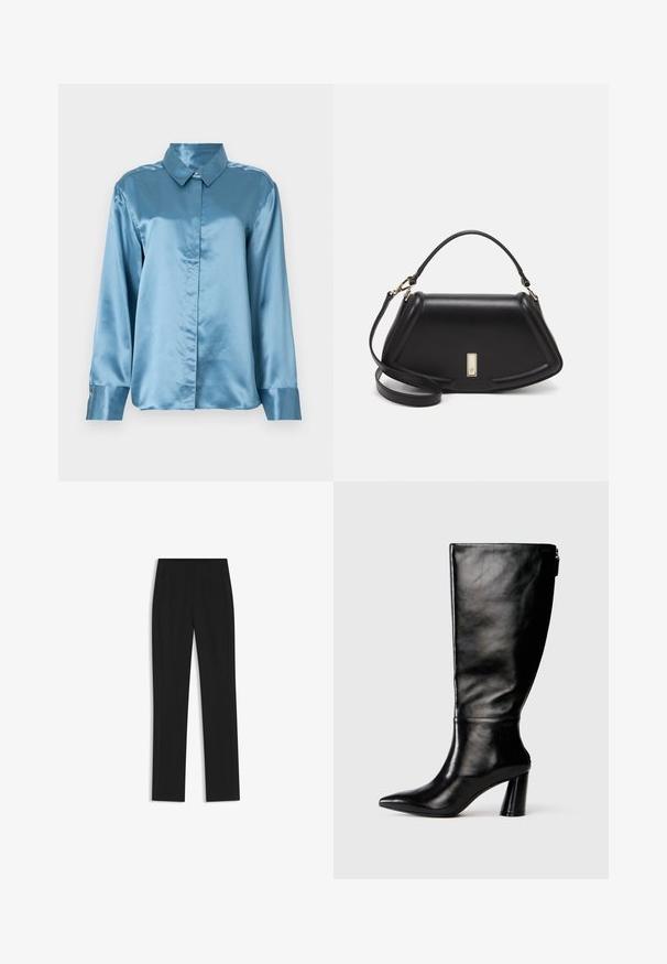 Light blue satin shirt with a collar and button front. Long sleeves with buttoned cuffs and a smooth texture. Minimalist design.; Black tailored trousers with a straight-leg design, featuring front pockets and a smooth, textured fabric. Neat, minimal detailing.; Knee-high black leather boot with a pointed toe, smooth texture, and a chunky heel. Features a zipper detail at the back.; Black leather handbag with a structured design, featuring a cropped shape, top handle, and gold hardware accent. Adjustable shoulder strap included.