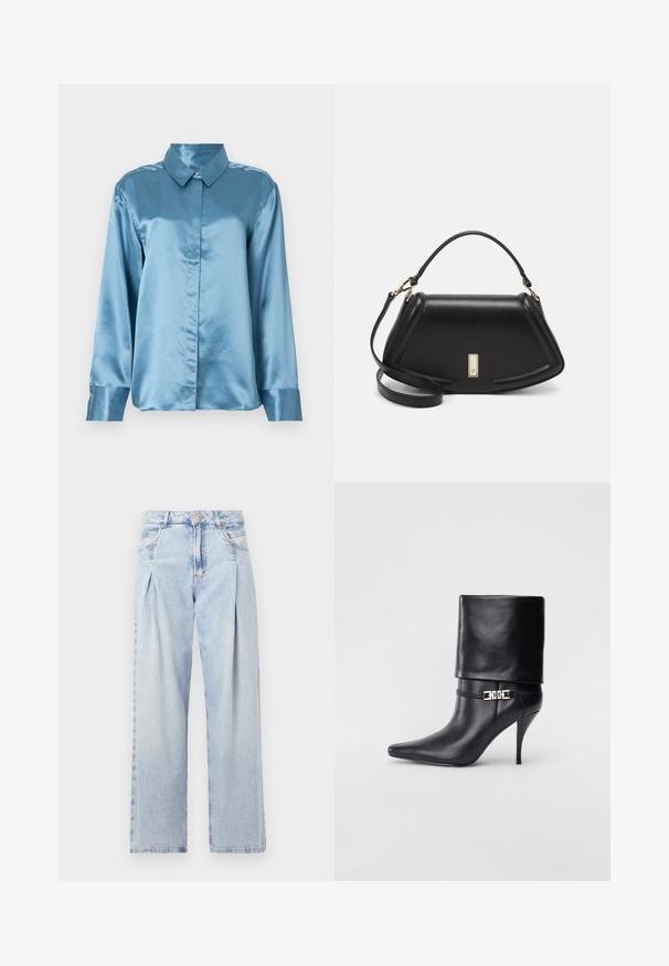 Light blue satin shirt with a collar and button front. Long sleeves with buttoned cuffs and a smooth texture. Minimalist design.; Light blue denim jeans with a high waist, wide-leg cut, two side pockets, and pleated design feature. Soft texture with a faded finish.; Black leather ankle boot with a pointed toe, high stiletto heel, fold-over cuff, and a gold decorative buckle detail on the ankle.; Black leather handbag with a structured design, featuring a cropped shape, top handle, and gold hardware accent. Adjustable shoulder strap included.