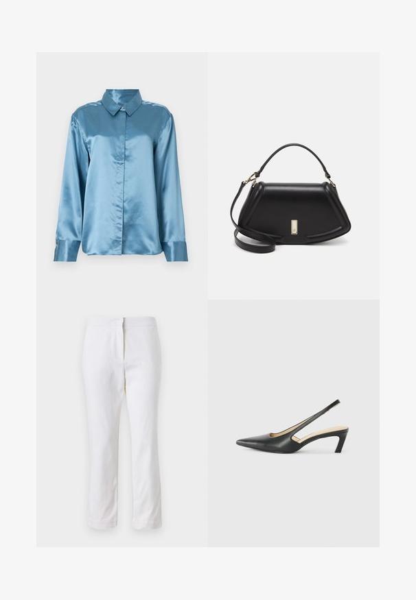 Light blue satin shirt with a collar and button front. Long sleeves with buttoned cuffs and a smooth texture. Minimalist design.; White cotton pants with a straight leg design, featuring a mid-rise waist and no visible hardware or patterns. Smooth texture throughout.; Black pointy-toed slingback shoe with a low heel, featuring smooth leather material and cut-out design on the side for breathability.; Black leather handbag with a structured design, featuring a cropped shape, top handle, and gold hardware accent. Adjustable shoulder strap included.
