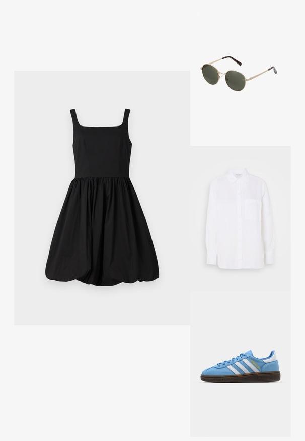 White button-up shirt made of lightweight fabric with a collar, long sleeves, and a single chest pocket. Features yellow buttons.; Black sleeveless dress with a square neckline, fitted bodice, and gathered, flared skirt ending in a rounded hem. Smooth fabric.; Light blue suede sneakers with white leather stripes, a brown textured sole, and gold logo detail. Low-top design with rounded toe.; Round sunglasses with metallic gold frames and dark green lenses. The arms feature a tortoiseshell design for added detail.