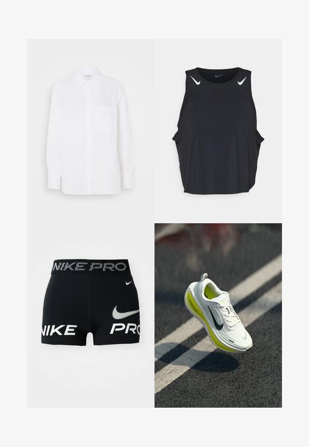 White button-up shirt made of lightweight fabric with a collar, long sleeves, and a single chest pocket. Features yellow buttons.; Black sleeveless athletic tank top with rounded neckline, side slits, and white Nike swoosh logos on shoulders. Smooth, lightweight fabric.; Black Nike Pro athletic shorts with white Nike logos and text on waistband and front.; White and yellow Nike ZoomX running shoe suspended above asphalt with a white line, casting a shadow on the ground.