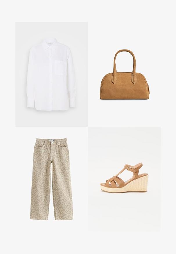 Camisa blanca de botón, hecha de tela ligera, con cuello, mangas largas y un solo bolsillo en el pecho. Presenta botones amarillos.; Jeans beige de pierna ancha con un sutil estampado de leopardo, hechos de algodón con una textura suave, con bolsillos frontales y cierre de botón en la cinturilla.; Sandalias de cuña en tono tostado con diseño de tiras cruzadas, hebilla ajustable en el tobillo y cuña estilo espadrille texturizada y trenzada.; Bolso de mano de ante color marrón claro con forma estructurada, que presenta dos asas, recortes triangulares y un cierre con cremallera en la parte superior.