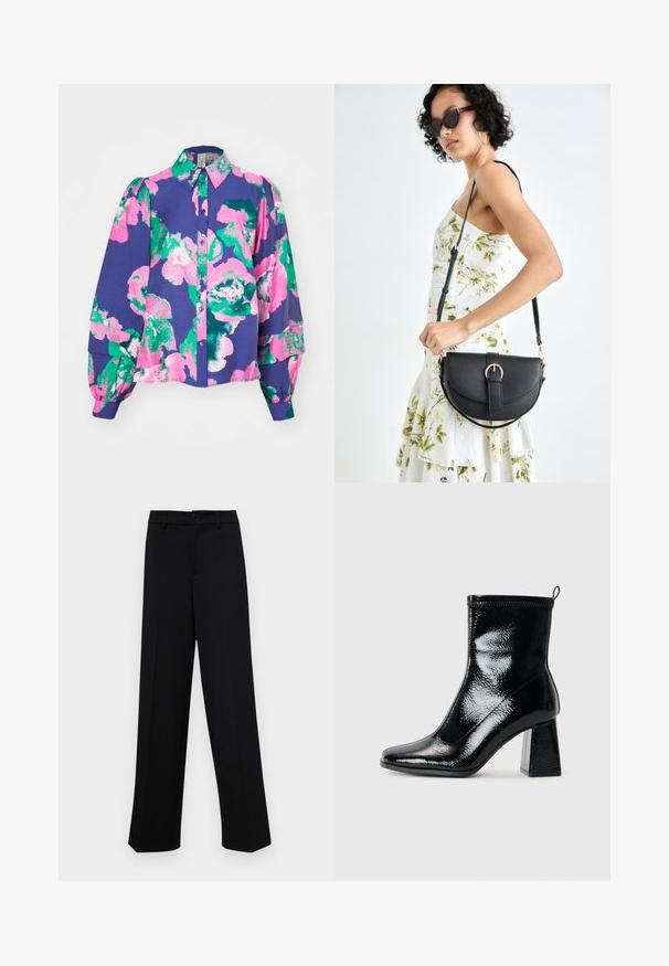 Long-sleeve shirt in purple with vibrant pink and green floral pattern. Features a collar, button closure, and textured fabric.; Black wide-leg trousers made of smooth fabric, featuring a classic waistband with a button closure and front pleats.; Black patent ankle boot with a square toe and chunky geometric heel. Features a smooth, shiny texture and a rear pull tab for easy wear.; Black leather handbag with a curved shape, detachable strap, and gold hardware. The bag features a flap with a buckle detail.