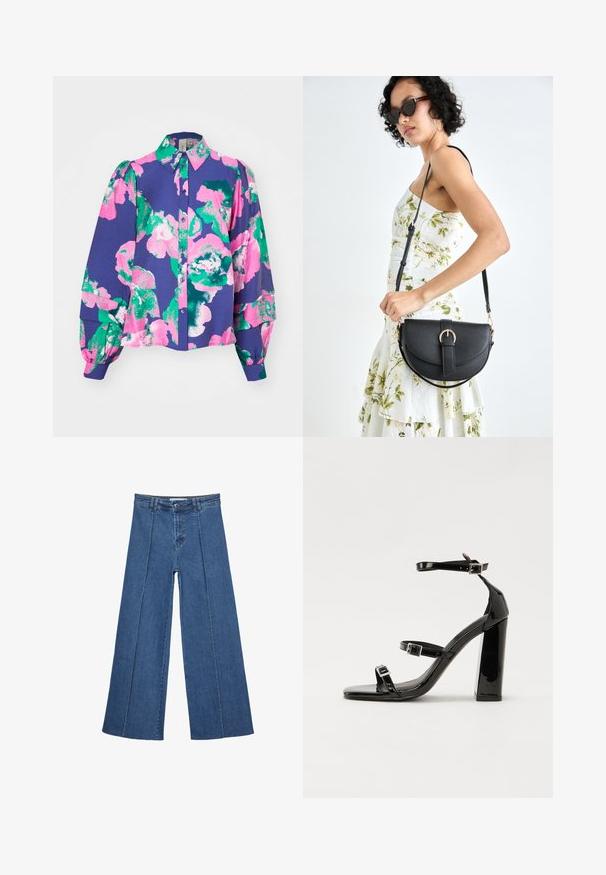 Dlouhý rukáv košile v purpurové barvě s živým růžovým a zeleným květinovým vzorem. Obsahuje límec, zapínání na knoflíky a texturovanou látku.; Džíny s širokými nohavicemi v středně modré barvě, se zvýšeným pasem, knoflíkovým zapínáním a kontrastními vertikálními švy vpředu.; Černé lakované sandály na podpatku se čtveratou špičkou, lýtkovými pásky a stříbrnými přezkami. Disponují masivním blokovým podpatkem pro stabilitu.; Černá kožená kabelka s křivkovým tvarem, odnímatelným popruhem a zlatými detaily. Kabelka má klopu s přezkou.