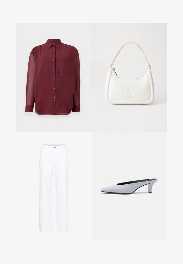 Burgunderfarbene Hemdbluse mit spitzem Kragen, langen durchsichtigen Ärmeln, einer Brusttasche und silberfarbenen Knöpfen. Glatte Stoffstruktur.; Weiße weit geschnittene Jeans aus Denim. Mit Knopfverschluss und traditionellem Fünf-Taschen-Design. Glatte Textur mit sauberem Finish.; Helles blaues Lackleder-Mule mit spitzem Zehenbereich, niedrigem transparentem Absatz und einem eleganten Design, das einen Ausschnitt im Vorderblatt aufweist.; Weiße Lederhandtasche mit abgerundeter Form, ausgestattet mit einem geprägten "CK"-Logo auf der Vorderseite und einem Einzel-Schultergurt. Reißverschluss oben.