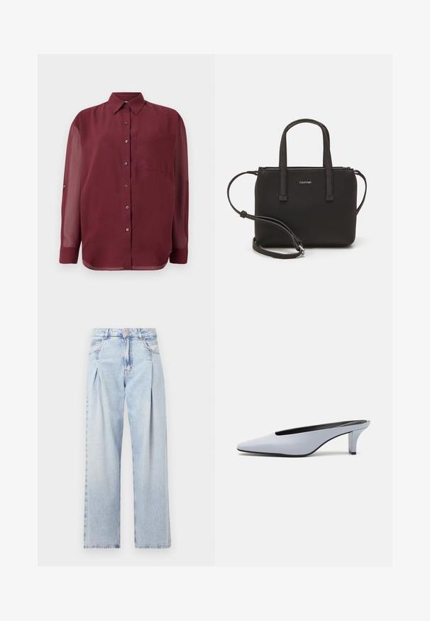 Bordeaux knap-down skjorte med spidse kraver, lange gennemsigtige ærmer, en brystlomme og sølvfarvede knapper. Glat stofstruktur.; Lyseblå denim jeans med høj talje, bred benåbning, to sidelommer og plisseret design. Blød tekstur med et falmet finish.; Lys blå patentlæder mule med spids tå, lav gennemsigtig hæl og et elegant design med udskæring ved vamps.; Sort håndtaske med to korte håndtag og en aftagelig skulderrem. Glat læderagtigt materiale med lynlåslukning og logo detaljer.