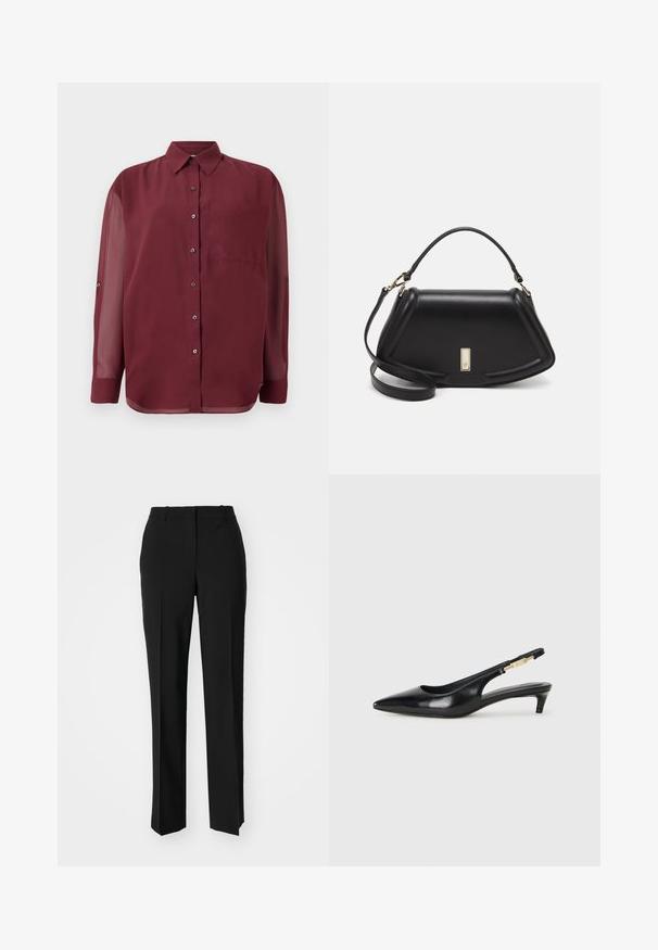 Burgundy button-up shirt with a pointed collar, long sheer sleeves, a chest pocket, and silver-tone buttons. Smooth fabric texture.; Black tailored trousers with a straight-leg design, featuring a smooth texture and crisp creases along the front. No visible hardware.; Black leather slingback heels with a pointed toe, featuring a slim heel and a gold-tone accent on the adjustable strap. Smooth texture.; Black leather handbag with a structured design, featuring a cropped shape, top handle, and gold hardware accent. Adjustable shoulder strap included.