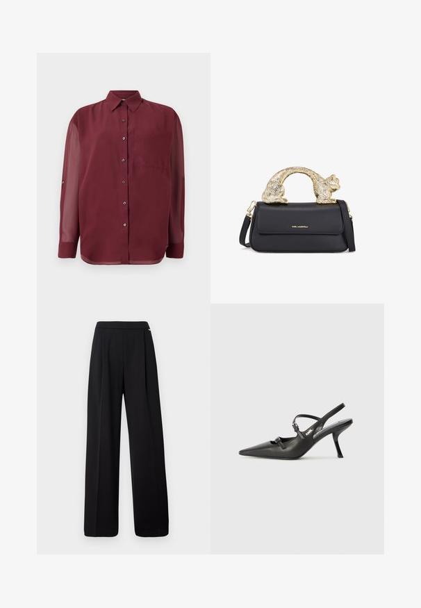 Burgundy button-up shirt with a pointed collar, long sheer sleeves, a chest pocket, and silver-tone buttons. Smooth fabric texture.; Black wide-leg trousers made from a smooth fabric, featuring a plain design and elastic waistband, with no visible patterns or accents.; Black leather slingback heels with a pointed toe, slender heel, and decorative buckle detail on the vamp. Smooth texture and sleek design.; Black leather handbag with a gold cat-shaped handle, featuring a front flap, adjustable strap, and logo detail on the lower front.