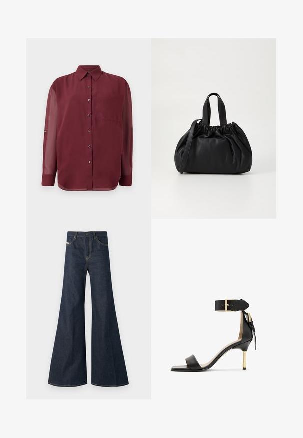 Burgundy button-up shirt with a pointed collar, long sheer sleeves, a chest pocket, and silver-tone buttons. Smooth fabric texture.; Dark blue flared jeans made of denim, featuring a high waist, gold stitching accents, and two front pockets with a button closure.; Black leather heeled sandal with a square toe, ankle strap featuring a gold buckle, and a slender metallic heel. Smooth texture, minimalist design.; Black leather handbag with a gathered top design, featuring two short handles and a long adjustable strap. Smooth texture, rounded shape.