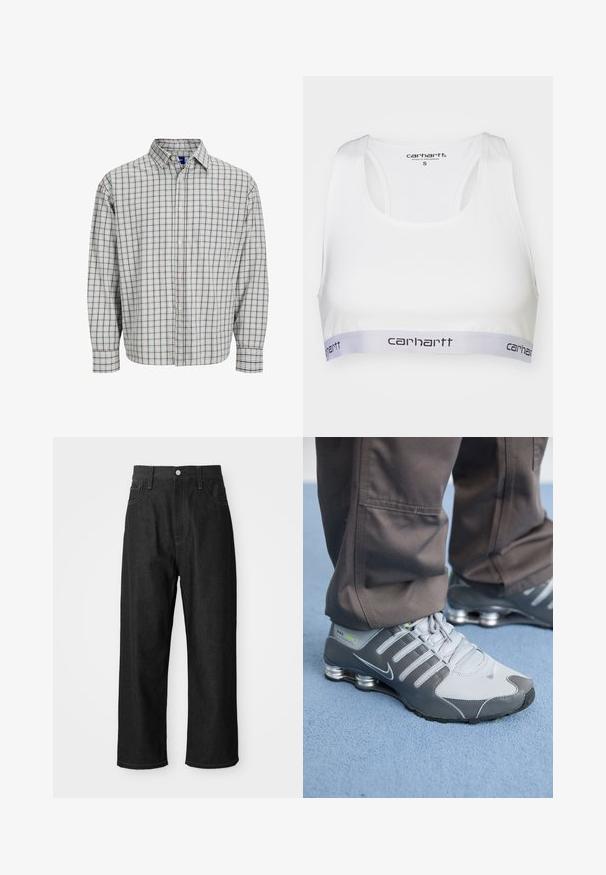 Langarm overhemd met een lichtblauw en bruin geruit patroon, voorzien van een borstzak en een ronde kraag. Gemaakt van een katoenmix.; Witte sportbeha van gladde stof, met een racerback ontwerp en een grijze elastische band met het Carhartt-logo in het zwart. Maat small.; Zwarte denim broek met een relaxte pasvorm, hoge taille, ritssluiting en vijf-pocket ontwerp. Duidelijke stiksels als accent door het hele ontwerp.; Grijze en zilveren Nike Shox sneakers hebben een strakke uitstraling, met een combinatie van mesh en synthetische materialen, een ronde neus en een gevoerde kraag.