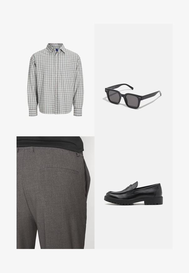 Koszula zapinana na guziki z długim rękawem, w jasnoniebieską i brązową kratkę, z kieszenią na piersi i okrągłym kołnierzykiem. Materiał mieszany bawełniany.; Czarno-białe t-shirty z okrągłym dekoltem, krótki rękaw, wykonane z bawełnianej tkaniny, gładka tekstura, z logo na dekolcie.; Szare dopasowane spodnie o gładkiej strukturze, z pojedynczą kieszenią z tyłu i slim fit. Tkanina ma subtelny wzór.; Czarne skórzane mokasyny z okrągłym nosałem, wsuwanym fasonem i grubą gumową podeszwą z teksturowanym uchwytem. Podwyższona pięta i subtelne detale przeszycia.; Czarne prostokątne okulary przeciwsłoneczne z ciemnymi soczewkami, charakteryzujące się grubą oprawką, subtelnymi akcentami po bokach i brakiem widocznych logo poza nazwą marki.; Torba tote z płótna w jasnym beżu z dwoma solidnymi uchwytami, kontrastującym białym wykończeniem oraz logo "THE NORTH FACE" w czerni z przodu.
