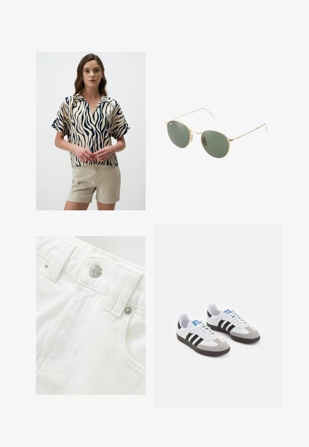 Blouse à manches courtes en crème avec un imprimé zèbre bleu marine, dotée d'un col et d'un décolleté en V, associée à un short beige clair.; Shorts en denim blanc avec une taille structurée, détail de bouton en argent et tissu texturé. Caractéristiques : poches avant et couture soignée.; Baskets avec une tige en cuir blanc, un bout en daim gris et trois bandes noires. Présente un logo bleu sur la languette et une semelle en caoutchouc texturée.; Lunettes de soleil avec monture en métal doré, verres verts, forme ronde, branches fines et accents en plastique blanc aux extrémités des branches.; Sac à main blanc avec texture crocodile, quincaillerie dorée, anse supérieure et bandoulière détachable ; présente une fermeture à verrou et un design minimaliste.