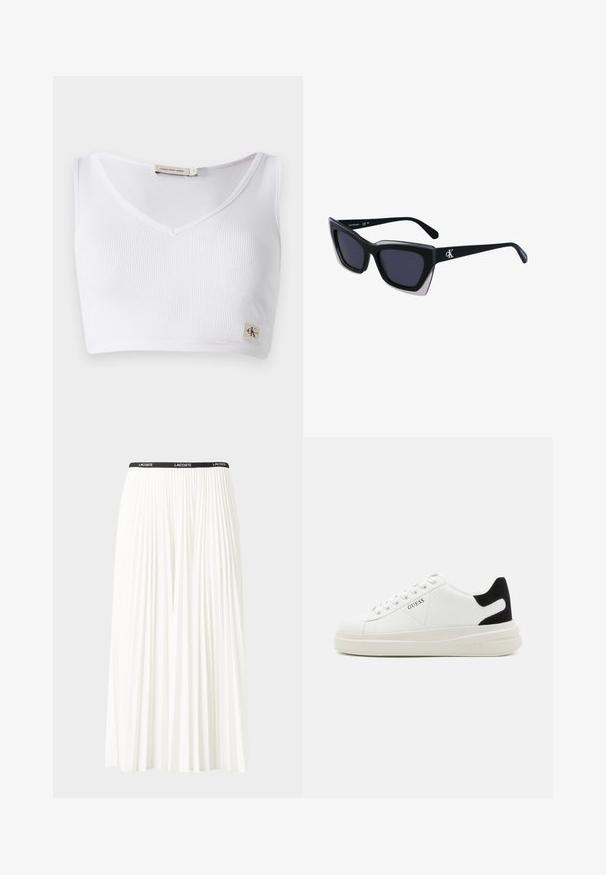 Bela rebrasta bralette z V-izrezom, širokimi naramnicami in majhno oznako na robu. Narejena je iz mehkega, raztegljivega materiala.; Gubasta bela krila z črnim elastičnim pasom, ki nosi logotip "LACOSTE". Srednje dolga zasnova z mehkobo tkanine.; Bele usnjene športne copate z debelim belim podplatom, črnimi semišnimi detajli na peti in utisnjenim logotipom na strani. Zavezovanje s šestimi luknjicami.; Črne prevelike sončne očala geometrijske oblike, z temnimi lečami in kontrastno sivo podrobnostjo na okvirju. Logo na ročaju.