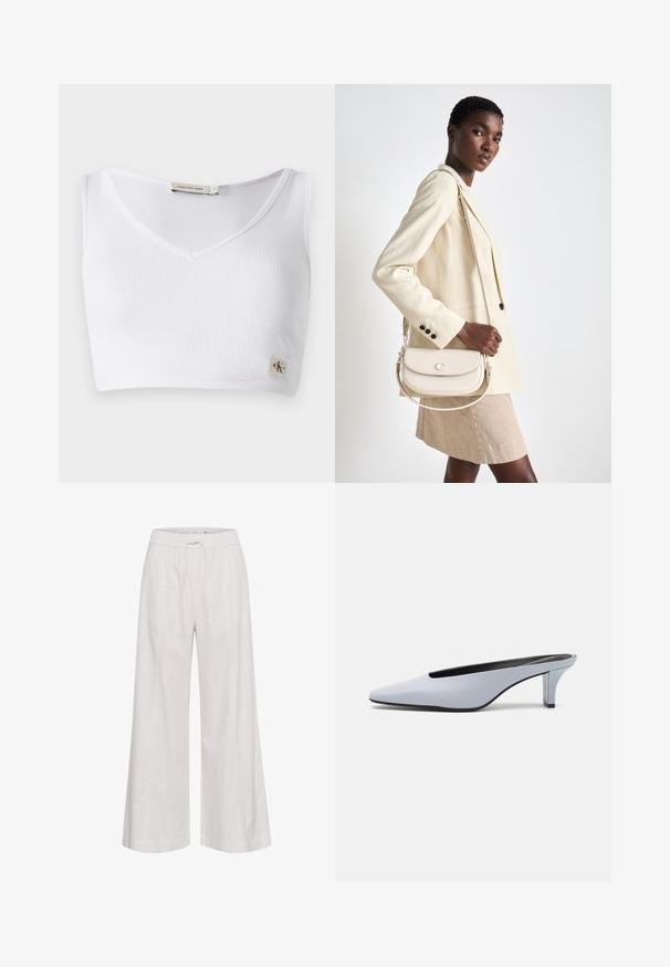 Bela rebrasta bralette z V-izrezom, širokimi naramnicami in majhno oznako na robu. Narejena je iz mehkega, raztegljivega materiala.; Hlače širokih nogavic iz mehke bele tkanine, z elastičnim pasom in vrvico, gladko teksturo in brez dodatnih okrasitev.; Svetlo modre lakirane mule s poudarjenim nosom, nizkim prozornim petam in elegantnim dizajnom z izrezom na sprednjem delu.; COACH EMMY SADDLE BAG 23 - Torbica - chalk