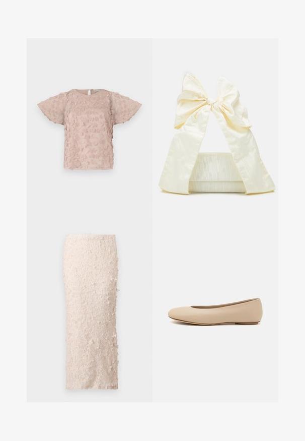 Blouse rose brodée avec des motifs floraux, manches courtes à volants et fermeture au dos en trou de serrure. Tissu doux et texturé.; Jupe crayon crème en dentelle avec des appliqués floraux. Le design est ajusté, présentant une texture lisse et des embellissements détaillés.; Ballerines en cuir beige avec un bout arrondi, un minimum de coutures, un petit talon et un logo subtil à l'arrière. Texture lisse et mate.; Loeffler Randall RAMONA BOW SHOULDER BAG - Sac à main - cream