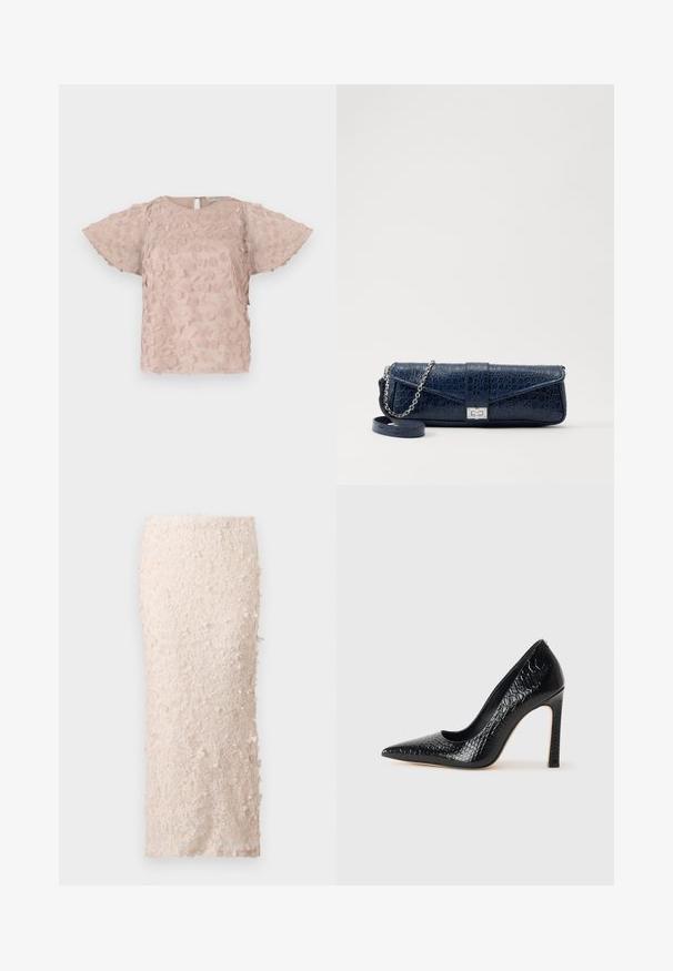 Rožinė siuvinėta bliuskutė su gėlių raštais, trumpomis plazdančiomis rankovėmis ir rakto skylutės uždarymu nugaros dalyje. Minkšta, tekstūruota medžiaga.; Kreminė pieštuko sijonas, pagamintas iš nėrinių su gėlėmis aplikacijomis. Dizainas yra prigludęs, pasižymintis lygiu paviršiumi ir detaliu dekoravimu.; Juoda smailiakulnė aukšto kulno bateliai su krokodilo odos tekstūra, pasižymintys elegantišku dizainu, aukštu stiletu kulnu ir lygia juoda vidine dalimi.; Tamsiai mėlynas odinis rankinukas su krokodilo raštu, sidabro spalvos grandinėlė ir metalinis užsegimas. Stačiakampio formos, užlenkiamas dizainas.