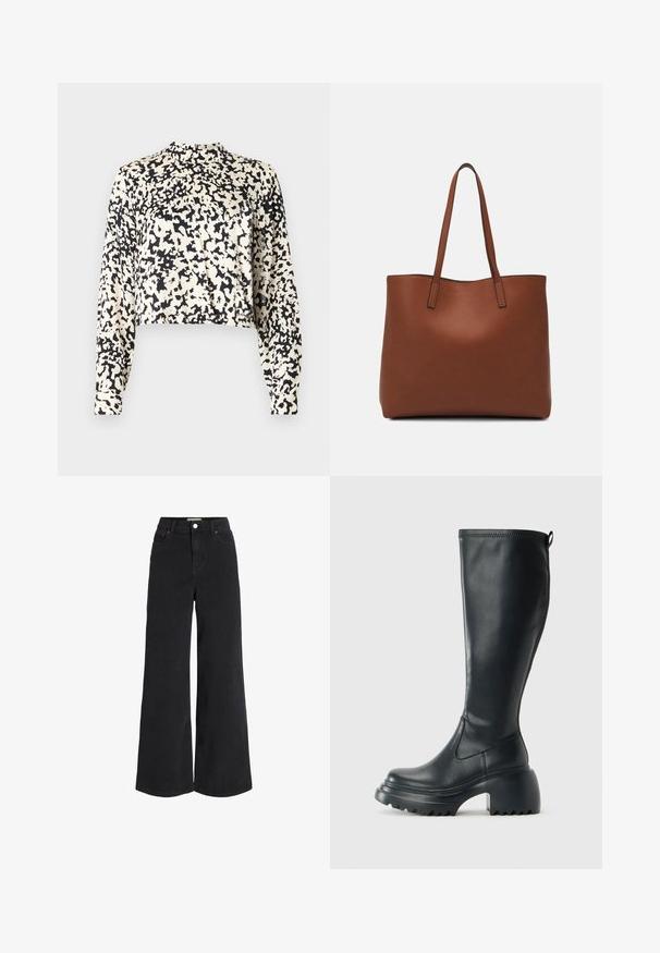 Cropped long-sleeve top in a smooth fabric. Features a black and cream abstract pattern and a high crew neckline.; Wide-leg black denim jeans with five-pocket design, high waist, and button closure. Features subtle stitching and a clean finish.; Tall black leather boot with chunky platform sole and block heel, featuring pull tab and textured tread on outsole.; Brown leather tote bag with a smooth texture, open top design, and two shoulder straps. Features minimal stitching and no visible hardware.