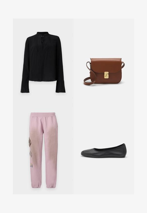 Blouse noire à manches longues, sans col, avec un devant plissé et des poignets détaillés ornés de décorations complexes. Texture lisse.; T-shirt blanc à manches courtes en tissu côtelé. Col rond, coupe régulière et détails de couture subtils. Aucune motif ni graphique.; Pantalon de survêtement rose avec une taille élastique, présentant des patches décoratifs en forme de diamant sur le côté gauche et des poignets élastiques aux chevilles.; Ballerines en cuir noir avec un bout rond, texture lisse, détails de couture minimalistes et design de semelle flexible.; Sac à main en cuir marron avec une fermeture à rabat, des accents en métal doré, une bandoulière et une texture lisse. Forme rectangulaire compacte.