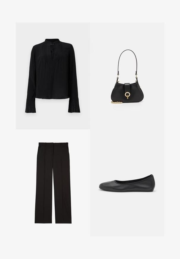 Musta paita pitkillä hihoilla, ilman kaulusta, laskostettu etuosa ja yksityiskohtaiset hihansuut, joissa on monimutkaisia koristeluja. Sileä rakenne.; Mustat räätälöidyt housut, jotka on valmistettu sileästä kankaasta. Housuissa on suora lahje ja kaksi sivutaskua. Elegantti ja minimalistinen rakenne.; Musta nahkainen ballerina, jossa on pyöristetty kärki, sileä pinta, minimaalinen ommelkoristelu ja joustava pohjamuotoilu.; sandro JANET - Käsilaukku - noir