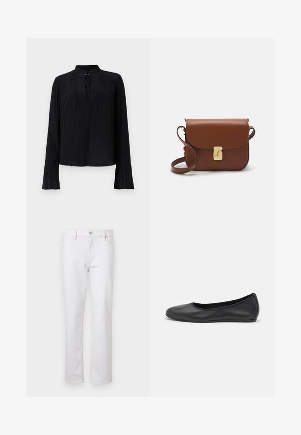 Black blouse with long sleeves, a collarless design, pleated front, and detailed cuffs featuring intricate embellishments. Smooth texture.; White denim jeans with straight leg cut, five-pocket design, light stitching, and silver button closure. Smooth texture and minimal detailing.; Black leather ballet flat with a rounded toe, smooth texture, minimal stitching detail, and a flexible sole design.; Brown leather handbag with a flap closure, gold-tone hardware, a shoulder strap, and a smooth texture. Compact rectangular shape.