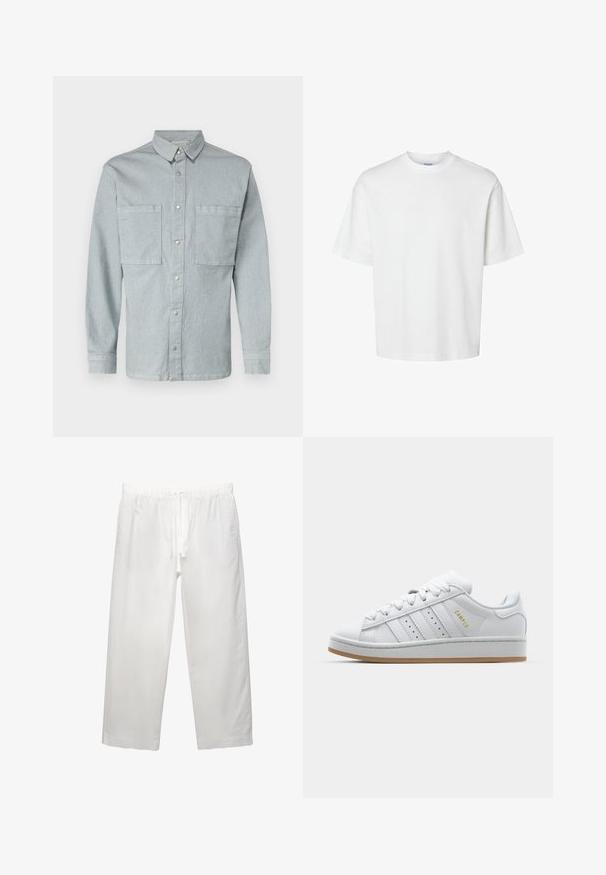 Lichtblauwe denim overhemd met lange mouwen, knoopsluiting aan de voorkant, twee borstzakken en zilveren drukknoopjes. Klassieke kraag en rechte snit.; Witte katoenen t-shirt met korte mouwen, ronde hals en een relaxed fit. Gladde textuur zonder zichtbare patronen of accenten.; Witte linnen broeken met een elastische tailleband met koord, een wijd been ontwerp en schone naden. Glad textuur met een casual pasvorm.; Witte sneaker met geperforeerd design met drie strepen, gestructureerde accenten, een rubberen zool en het "CAMPUS" logo in het goud aan de zijkant.